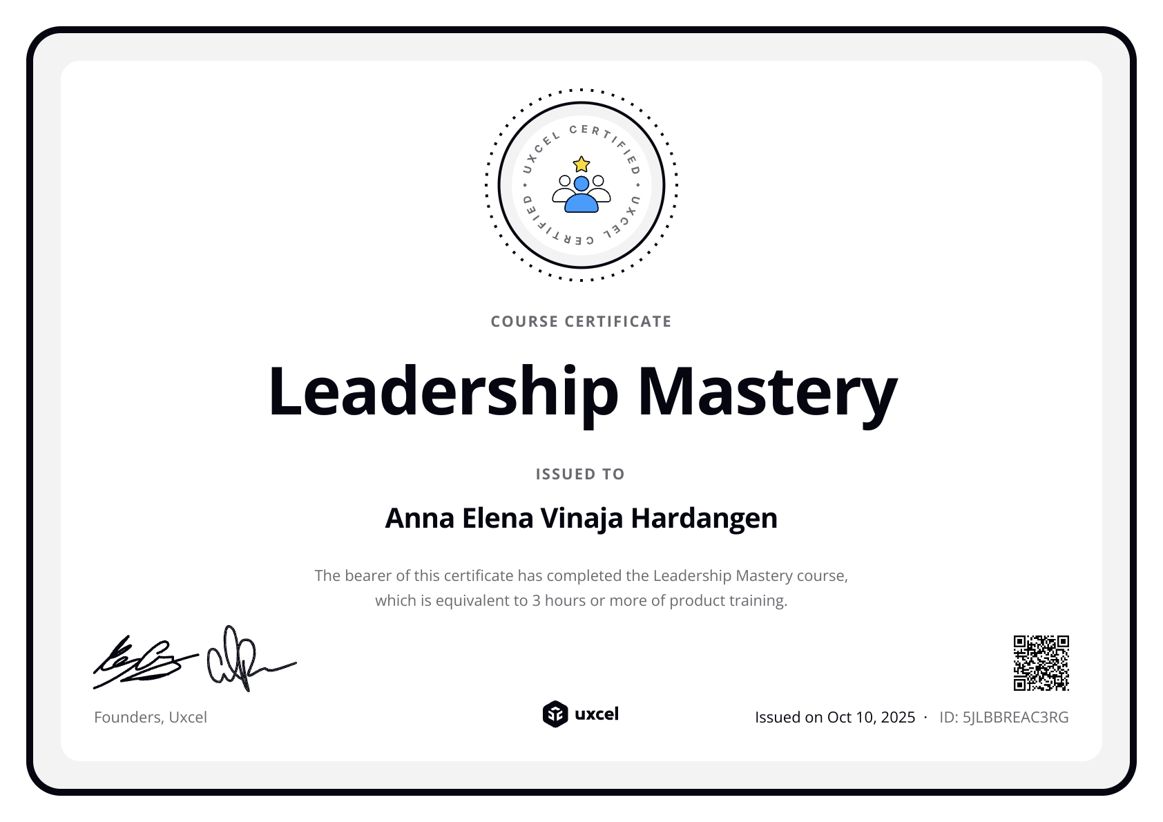 Anna Elena Vinaja Hardangen's certificate